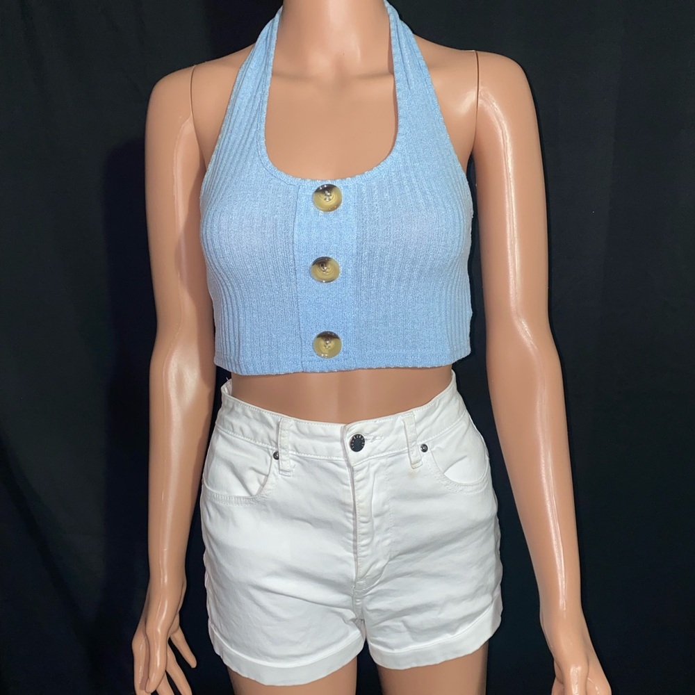 ROMWE Blue Halter Crop Top with Buttons